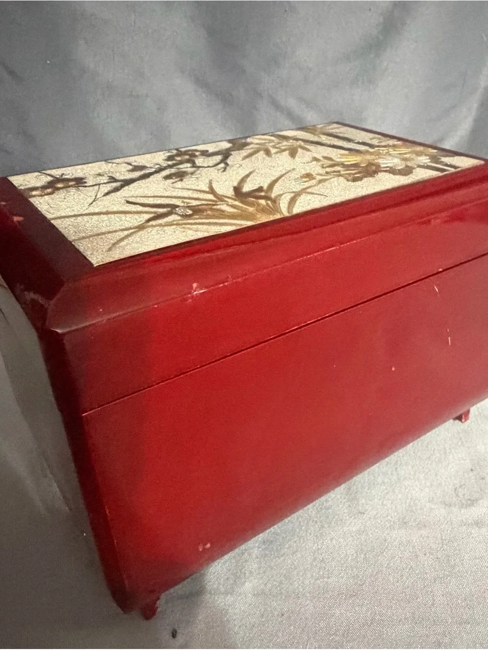 Vintage Wood-Trim Jewelry Box/ Music Box in Deep Red with Floral Inlay